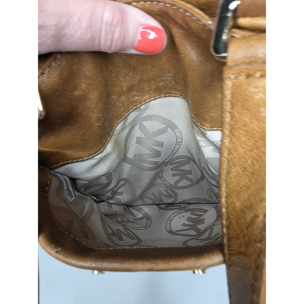 Michael Kors Brown Leather Pleated Crossbody Bag Gold Logo Messenger - Picture 10 of 14